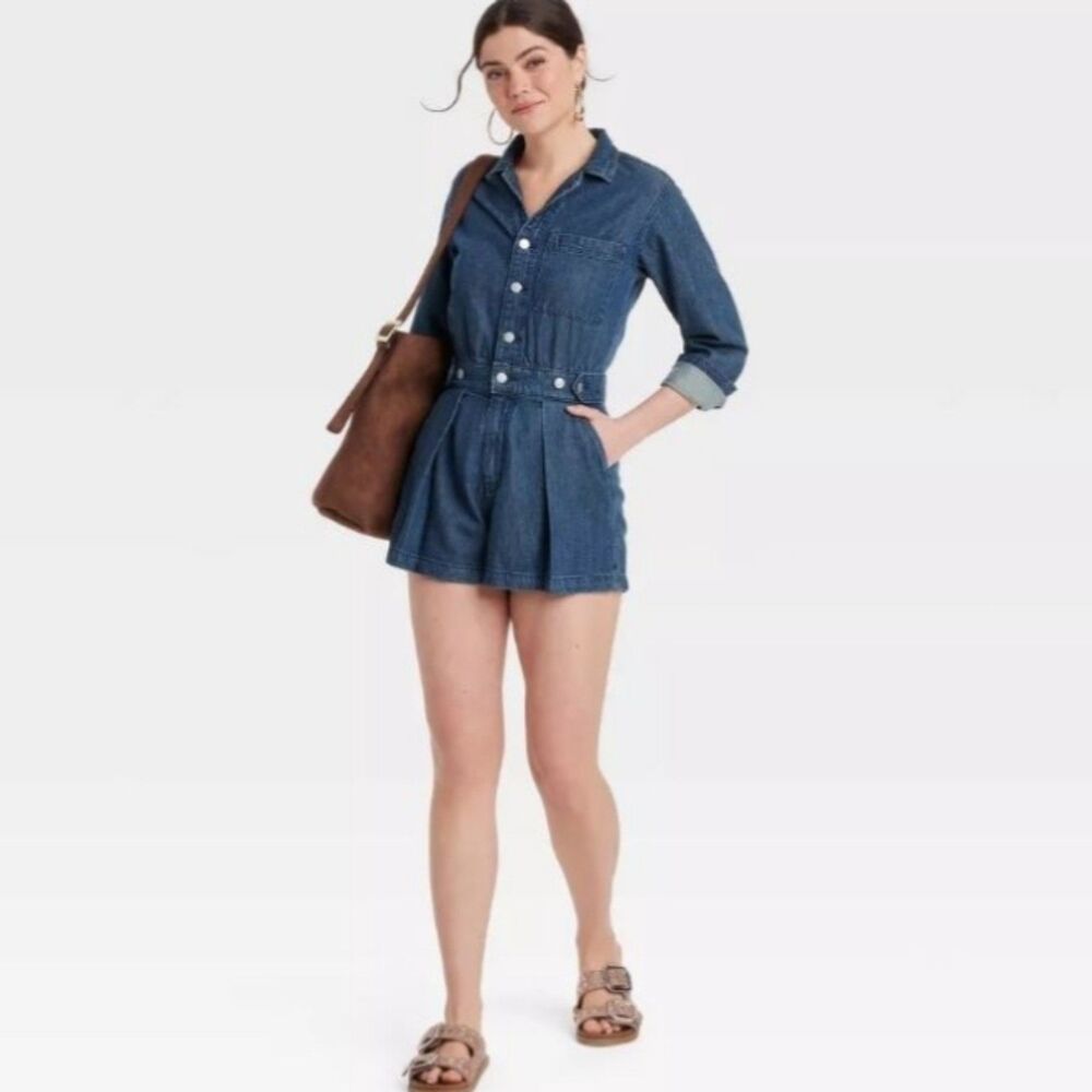 NWT Universal Thread Denim Jumpsuit Shorts Darkwash Size 10